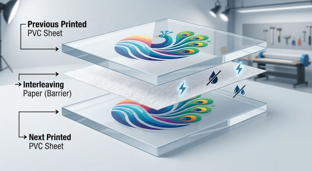 ➔ Previous Printed PVC Sheet
➔ Interleaving Paper (Barrier)
➔ Next Printed PVC Sheet

