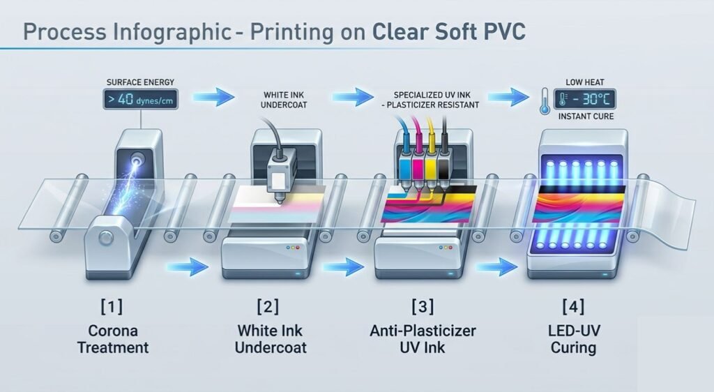 [Corona Treatment] ➔ [White Ink Undercoat] ➔ [Anti-Plasticizer UV Ink] ➔ [LED-UV Curing]